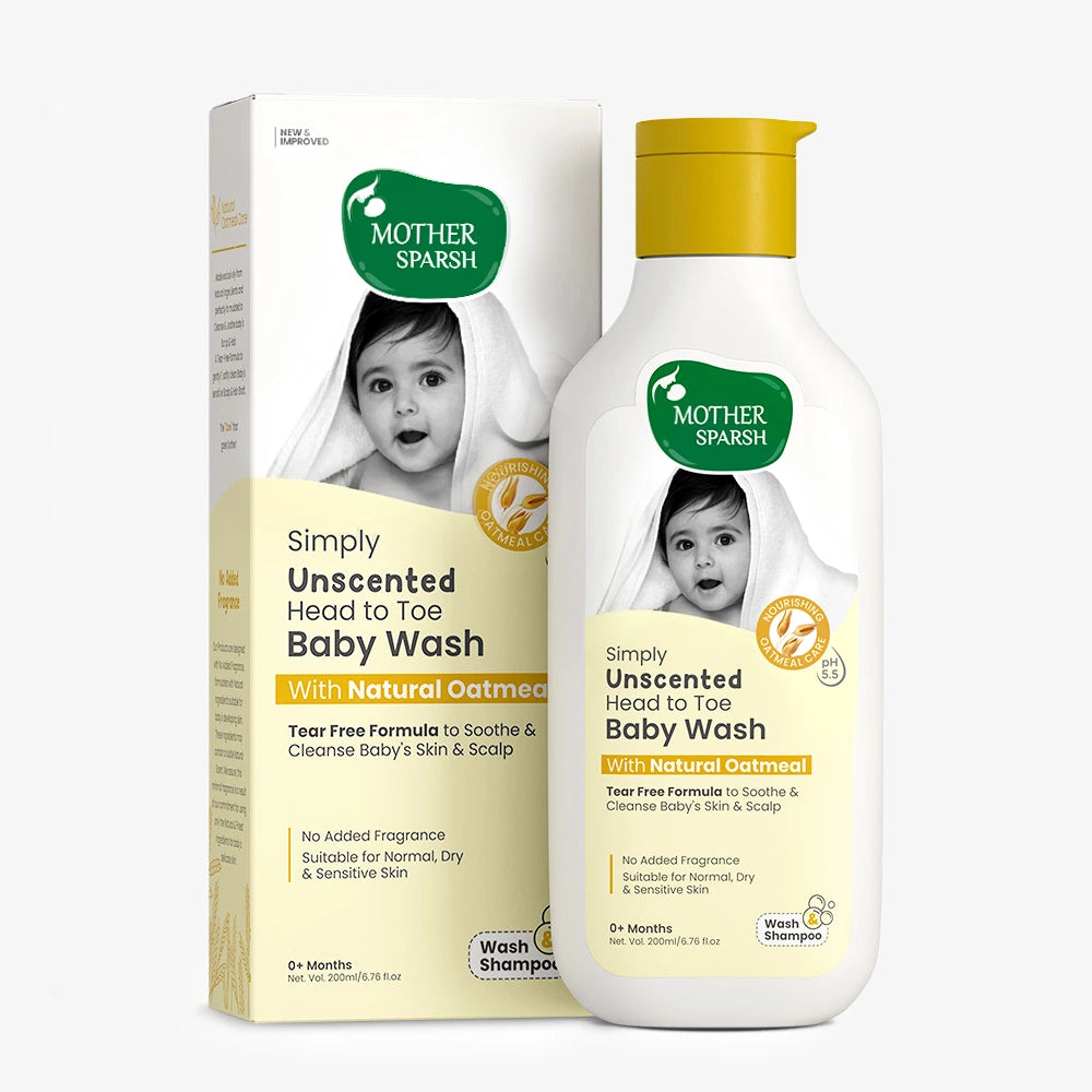 Mother Sparsh Simply Unscented Head to Toe Baby Wash with natural oatmeal for soothing and gentle cleansing of baby's skin.