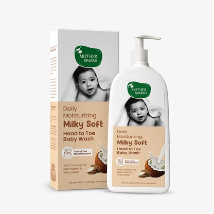 Bottle and box of Mother Sparsh Daily Moisturizing Milky Soft Baby Head To Toe Wash with coconut oil and shea butter, suitable for newborns, tear-free formula