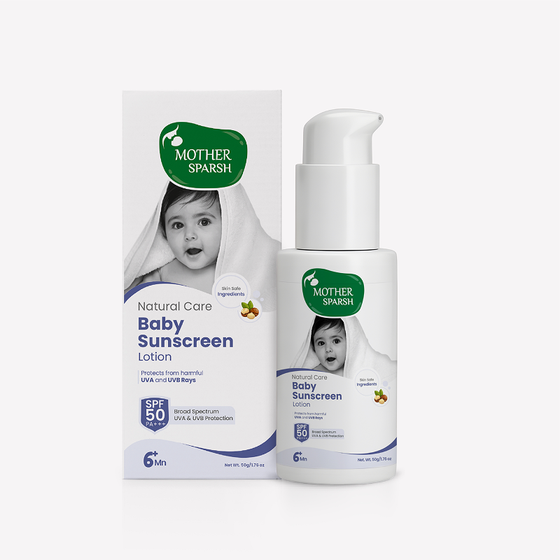 Mother Sparsh Baby Sunscreen SPF 50 PA+++ bottle placed on a beach chair promoting UVA and UVB protection for delicate baby skin.