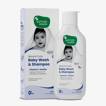 Mother Sparsh baby wash and shampoo bottle with box packaging for newborns and sensitive skin