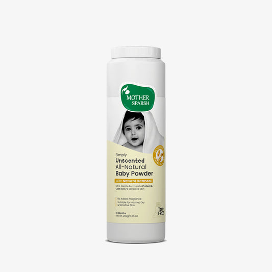 Mother Sparsh Simply Unscented All-Natural Baby Powder with Natural Oatmeal, a talc free formula for baby's sensitive skin.