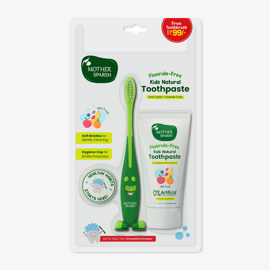 Mother Sparsh Fluoride-Free Kids Natural Toothpaste and Toothbrush Combo for Gentle Oral Care, Mix Fruit Flavor, Ages 12 Months to 6 Years