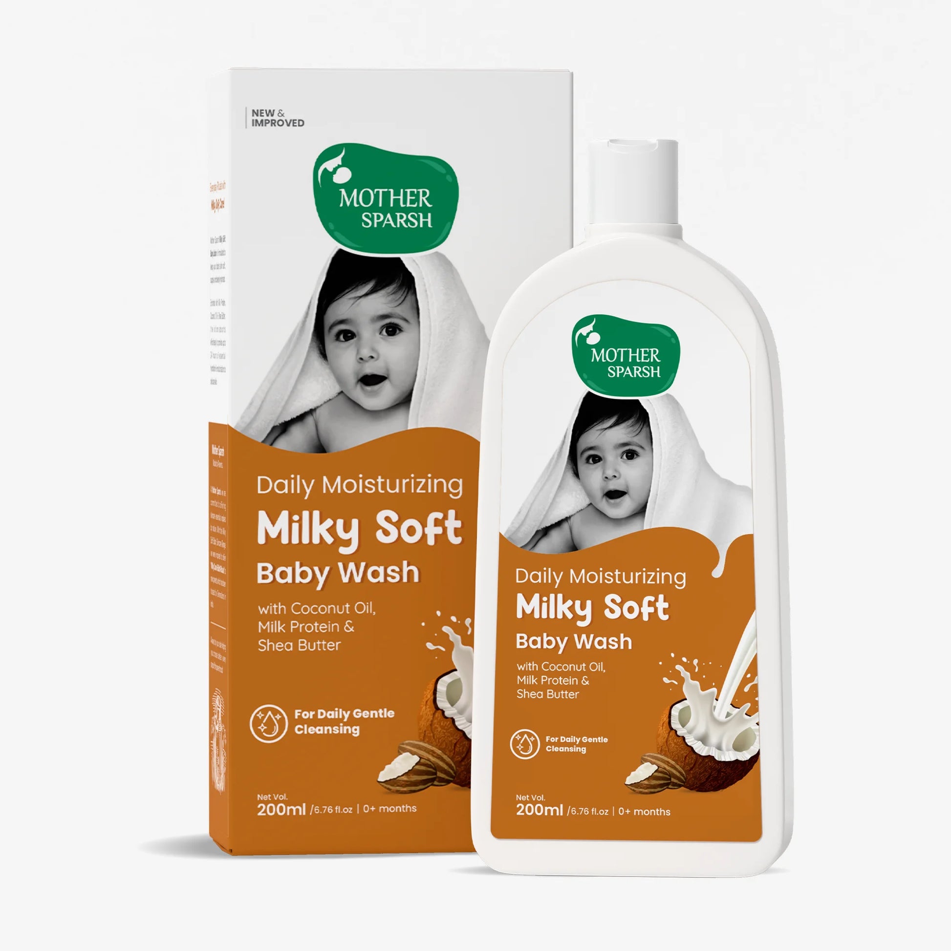 Mother Sparsh Daily Moisturizing Milky Soft Baby Wash 200ml with coconut oil, milk protein, and shea butter for gentle cleansing.