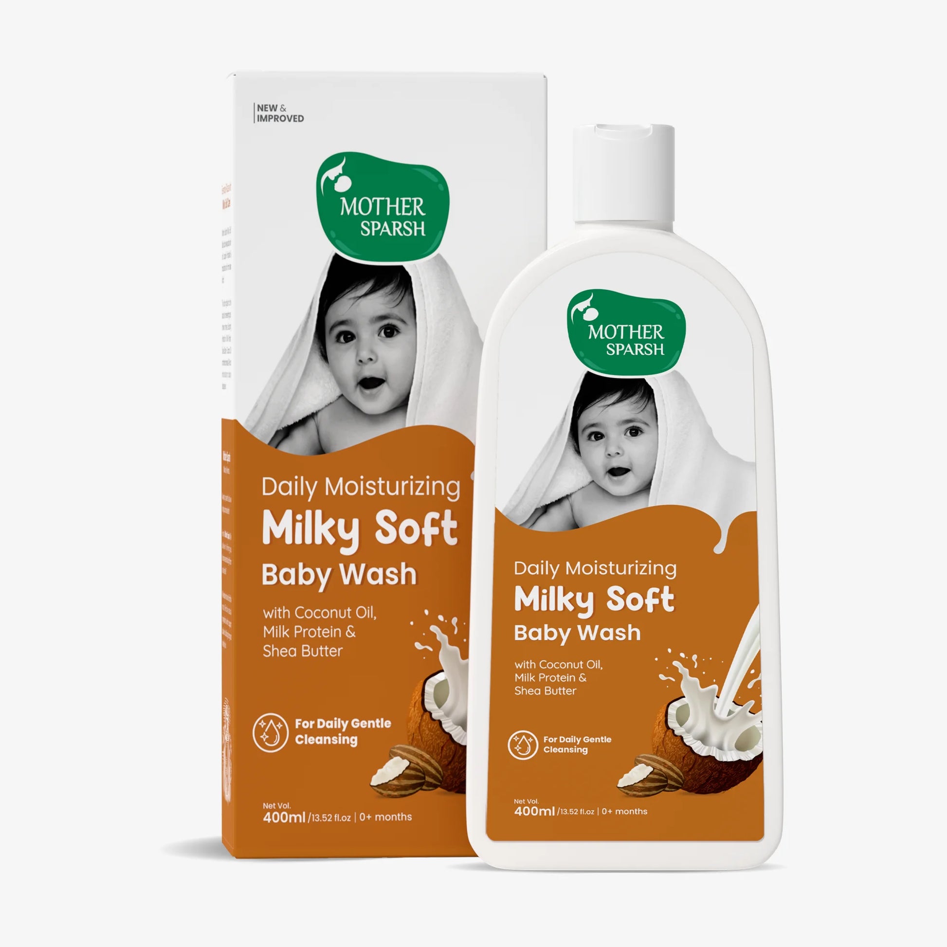 Mother Sparsh Daily Moisturizing Milky Soft Baby Wash 400ml with coconut oil, milk protein, and shea butter for gentle cleansing.