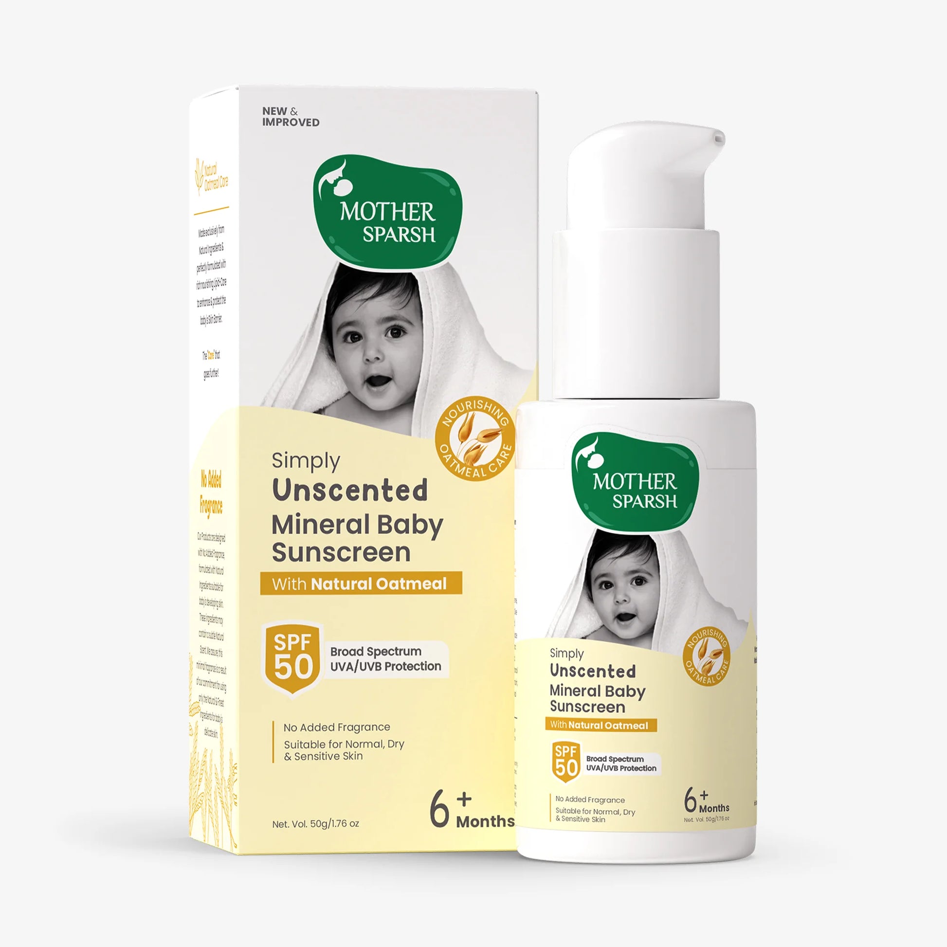 Mother Sparsh Simply Unscented Mineral Baby Sunscreen with Natural Oatmeal, SPF 50 broad spectrum UVA/UVB protection for sensitive skin.
