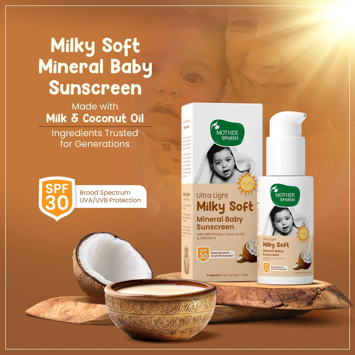 Milky Soft Sunscreen enriched with coconut oil and milk for nourishing baby skin and sun protection.