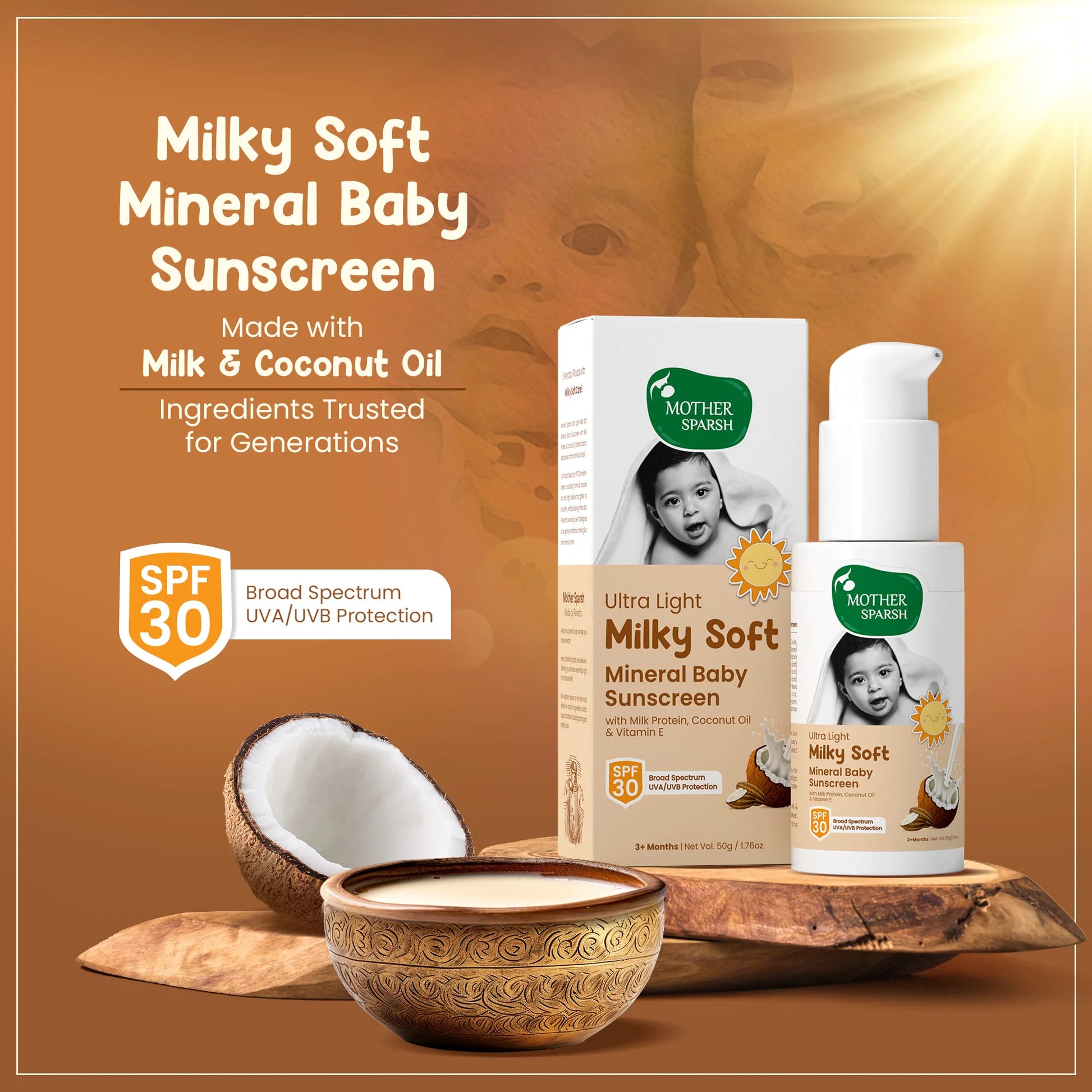 Milky Soft Sunscreen enriched with coconut oil and milk for nourishing baby skin and sun protection.