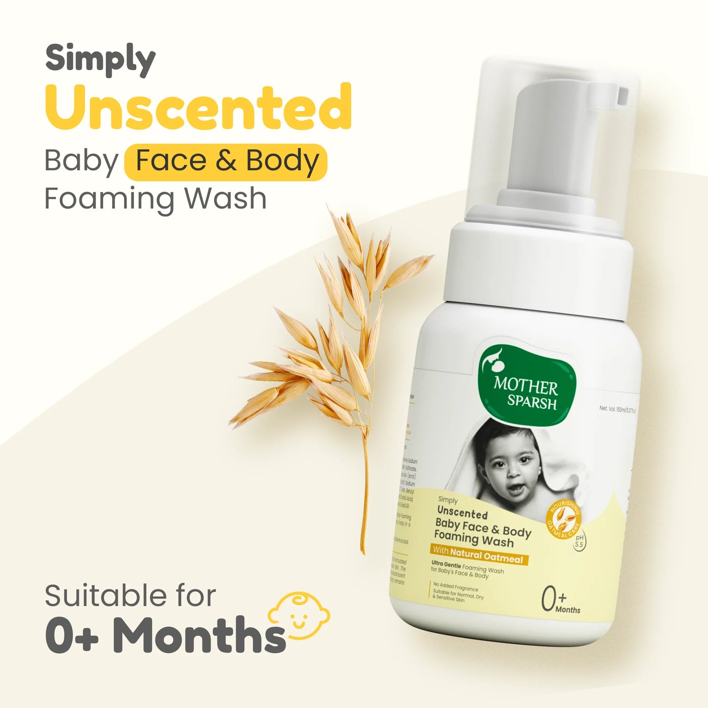 Simply Unscented Baby Face and Body Foaming Wash for gentle cleansing, ideal for newborns with sensitive skin, free from added fragrances and harsh chemicals