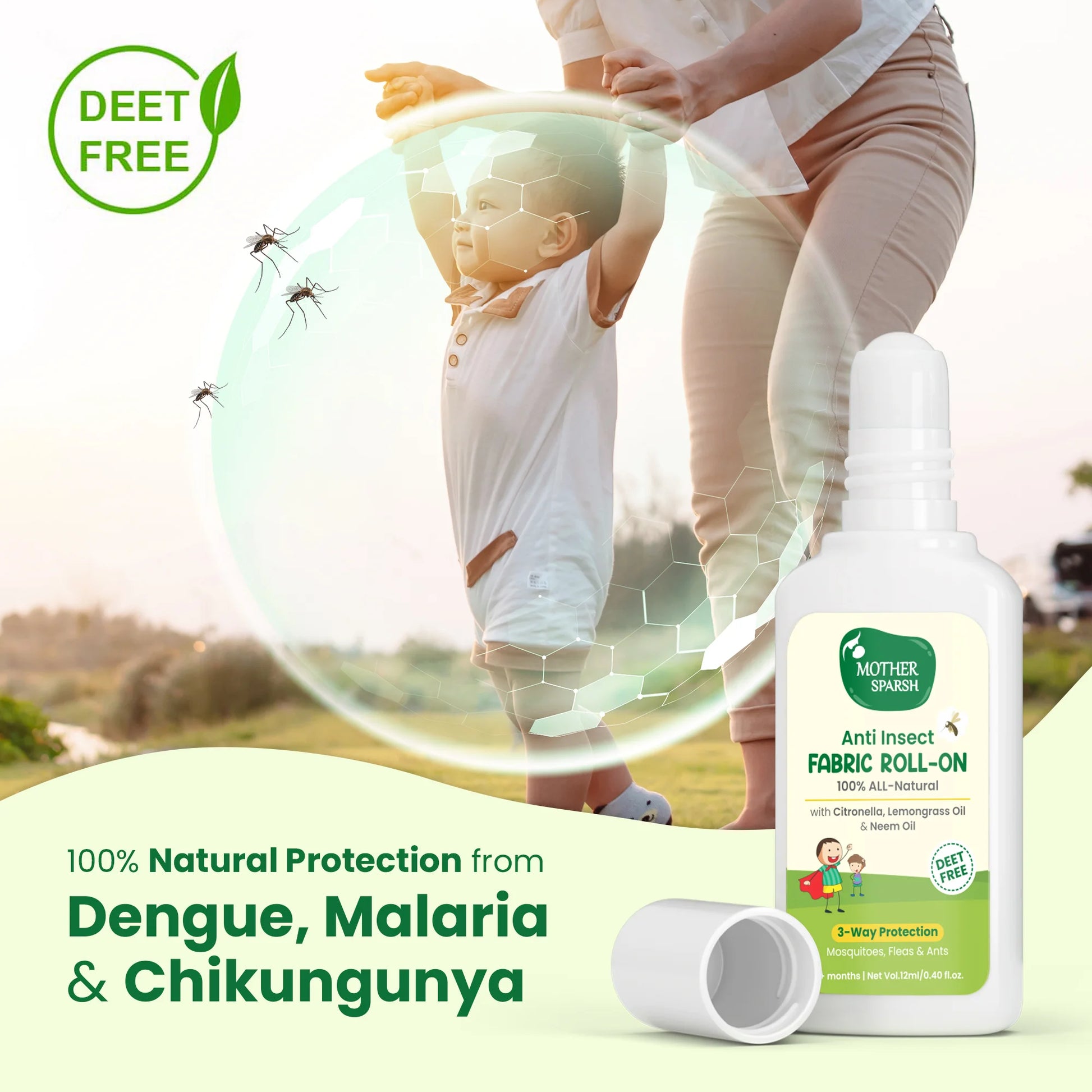 Fabric roll-on with natural protection from dengue, malaria, and chikungunya Infused with plant-based ingredients for effective insect defense.