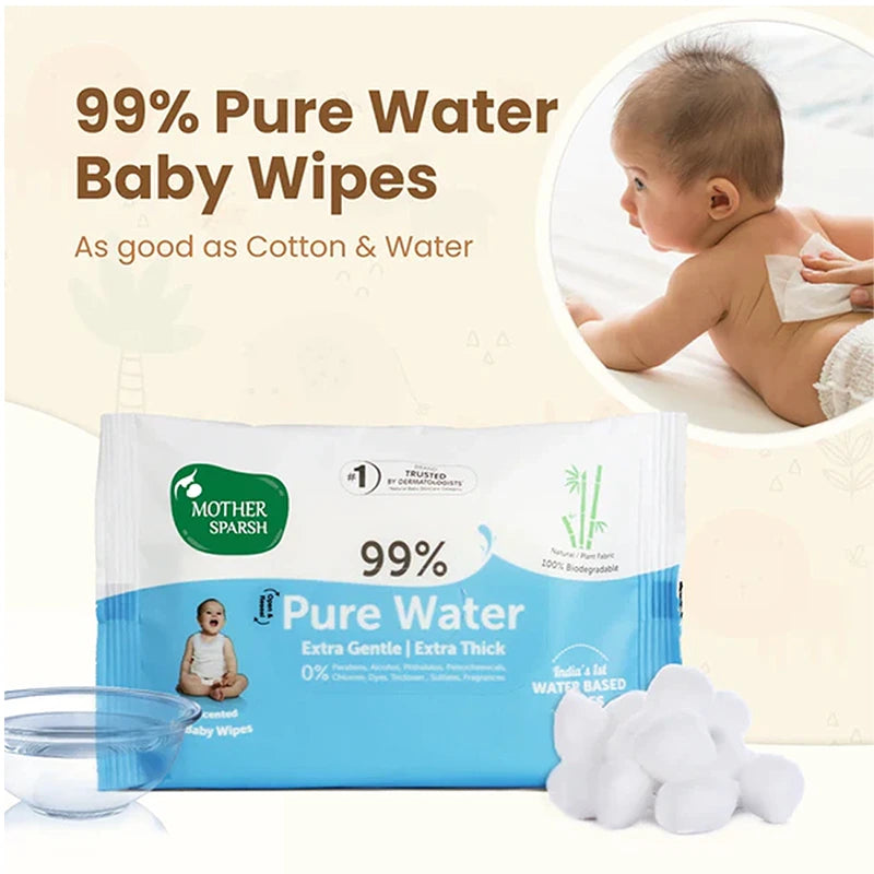 Mother Sparsh 99% Pure Water Baby Wipes pack displayed with cotton and water elements and a baby wiping visual, highlighting extra gentle and newborn-safe wipes.