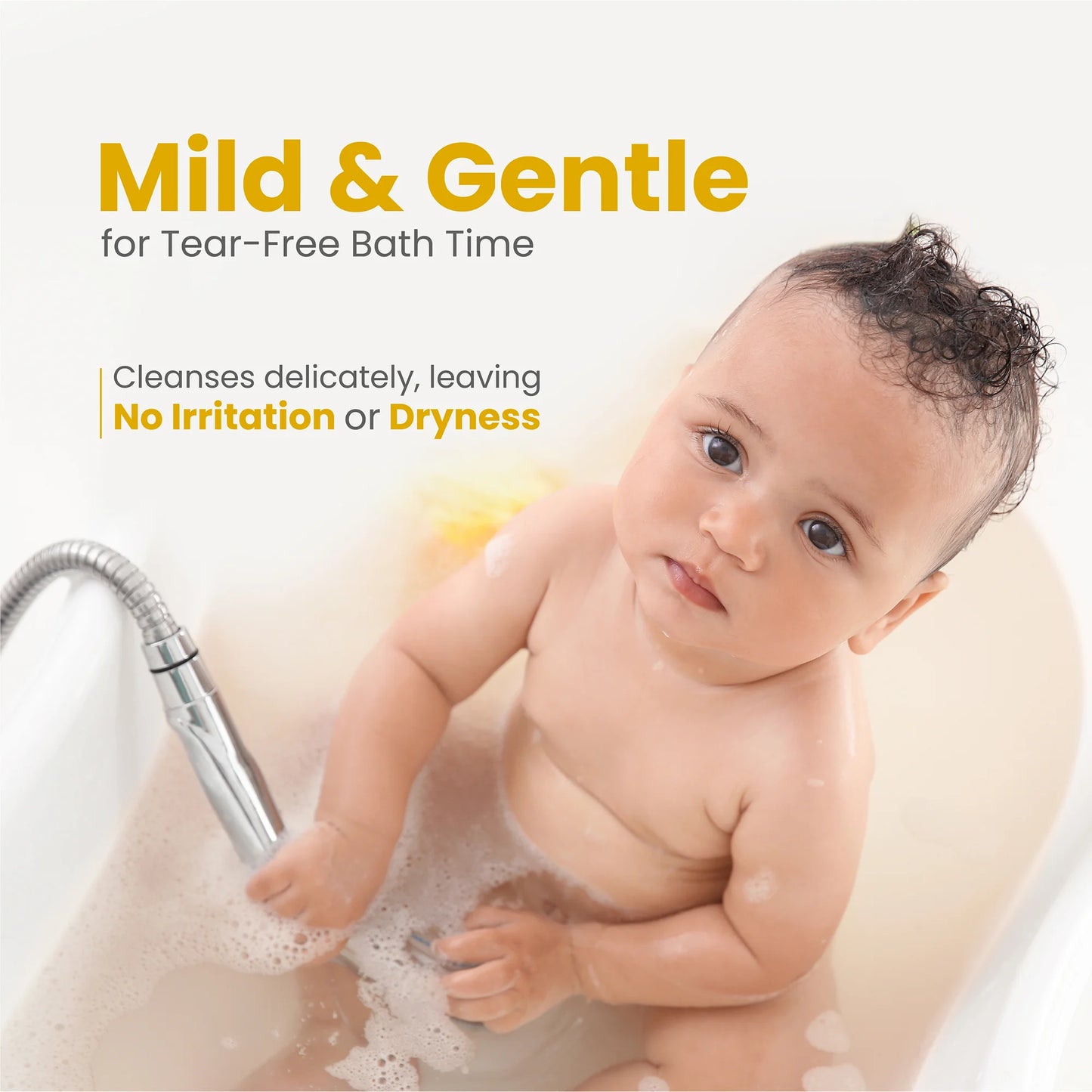 Close-up of unscented baby bathing bar creating rich, gentle foam on a beige background for newborn sensitive skin.
