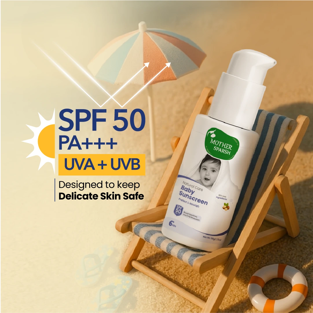 Mother Sparsh baby sunscreen ingredients including avocado and shea butter for protecting delicate baby skin naturally.