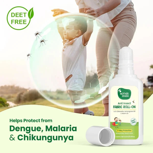 A baby playing outdoors protected by a symbolic shield from mosquitoes using Mother Sparsh DEET-free fabric roll-on.