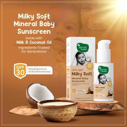 Milky Soft Sunscreen enriched with coconut oil and milk for nourishing baby skin and sun protection.