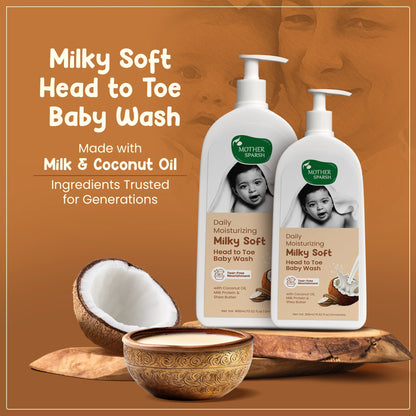 Mother Sparsh Baby Head To Toe Wash with coconut placed on the left side, showcasing natural ingredients for gentle skincare