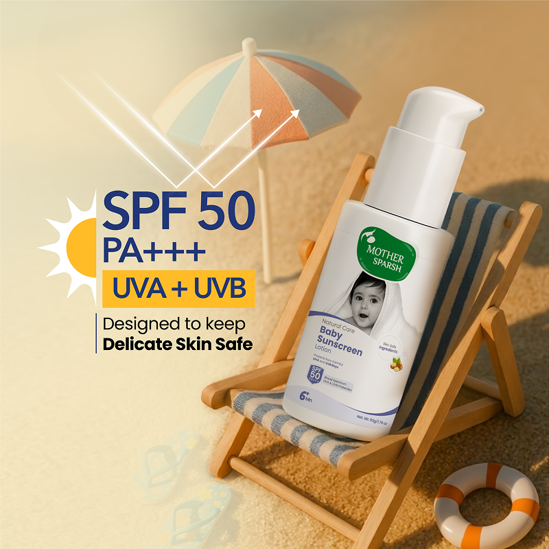 Mother Sparsh Natural Care Baby Sunscreen Lotion SPF 50 with product box for UVA and UVB protection.
