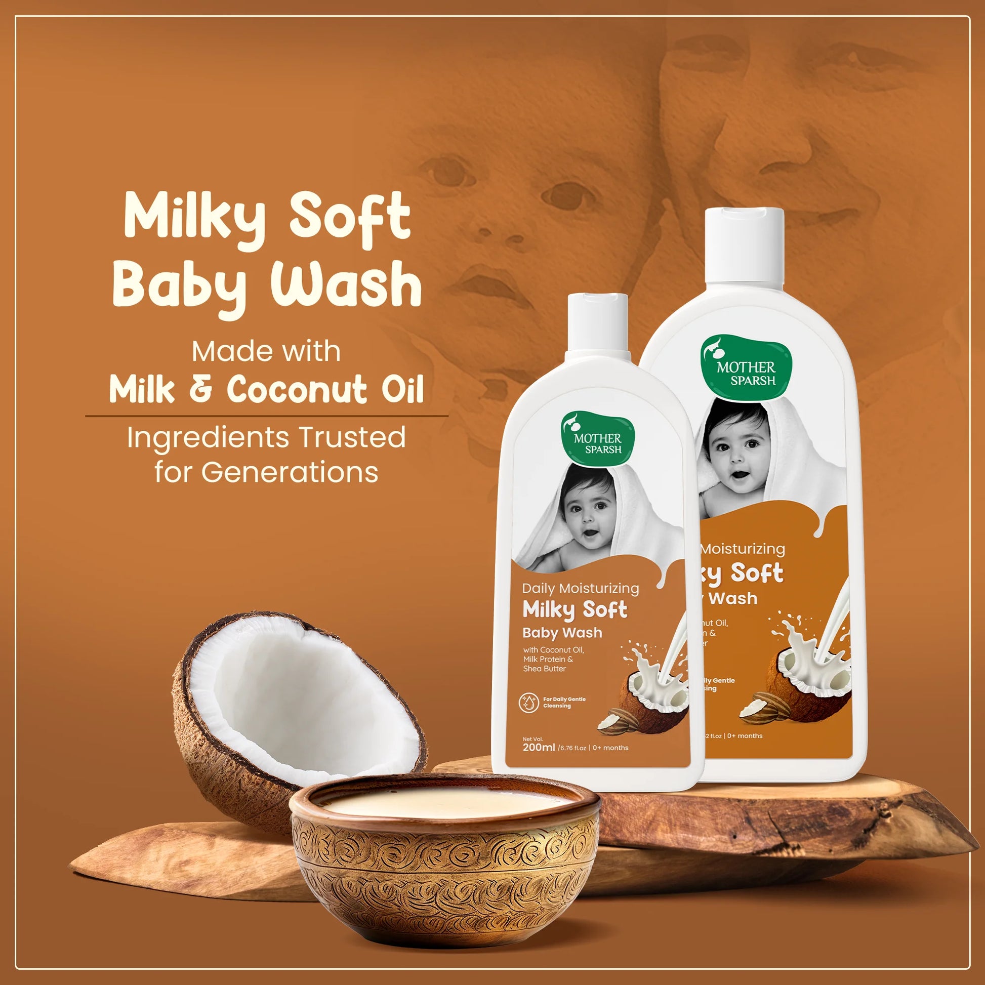 Mother Sparsh Milky Soft Baby Wash bottles with milk and coconut oil, highlighting ingredients trusted for generations. The image shows the 200ml and 400ml bottles next to a cracked coconut and a bowl of milky liquid.