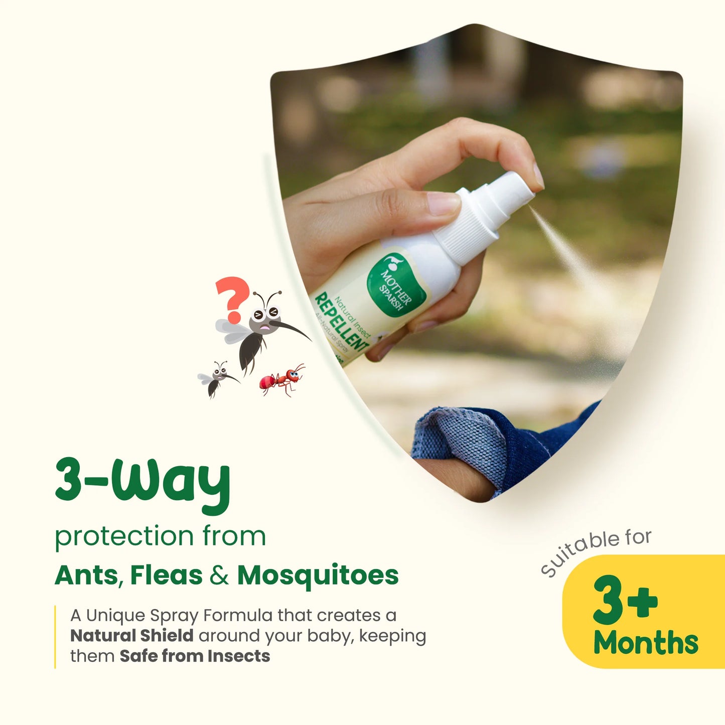 3-way protection from ants, fleas, and mosquitoes with repellent spray A multipurpose mosquito repellent spray providing triple protection against ants, fleas, and mosquitoes.