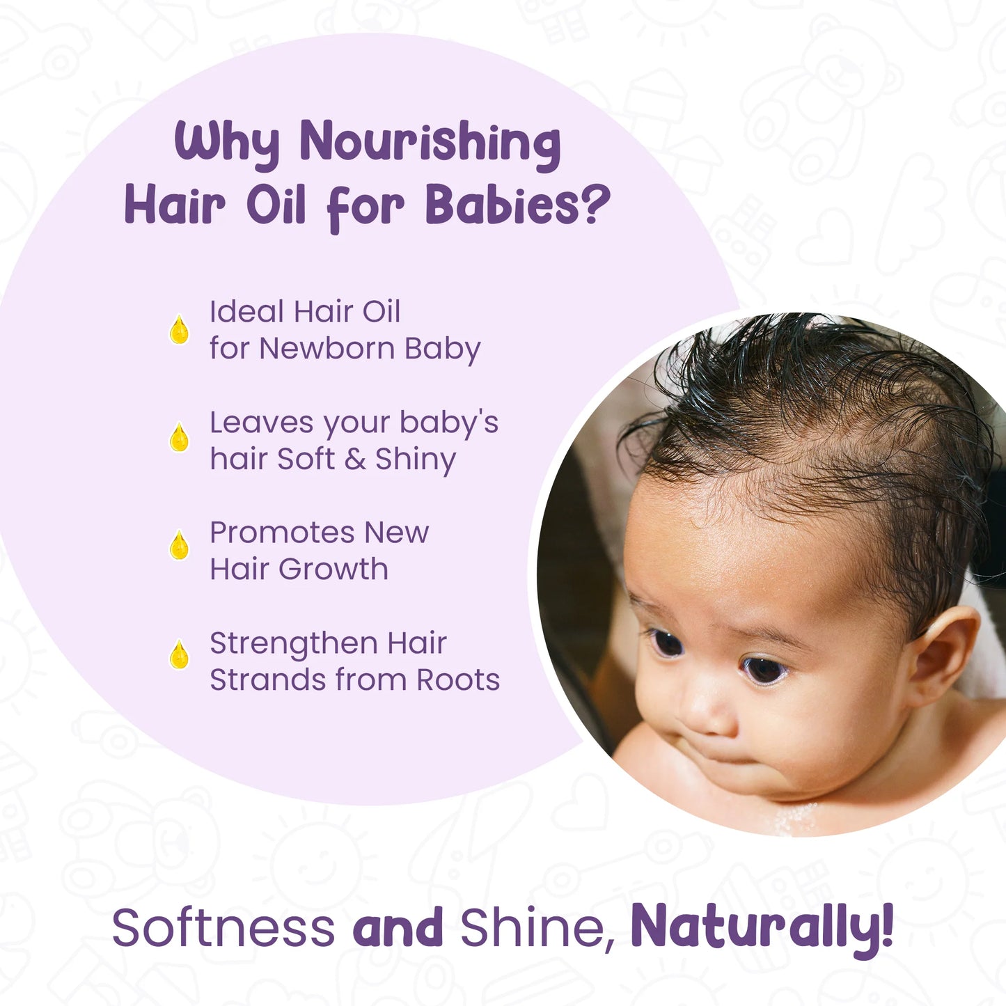 Ad graphic explaining the benefits of nourishing hair oil for babies, including promoting newborn hair growth, leaving hair soft and shiny, and strengthening hair roots.