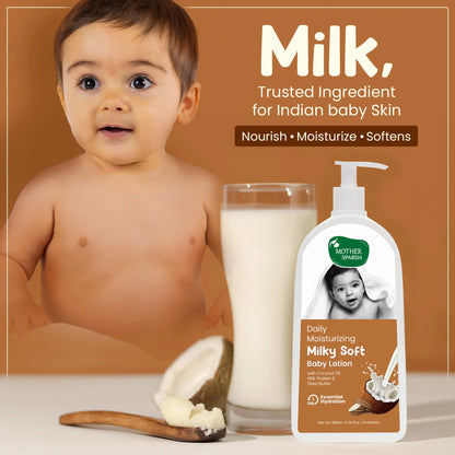 Milk in baby lotion nourishes, moisturizes and softens baby skin