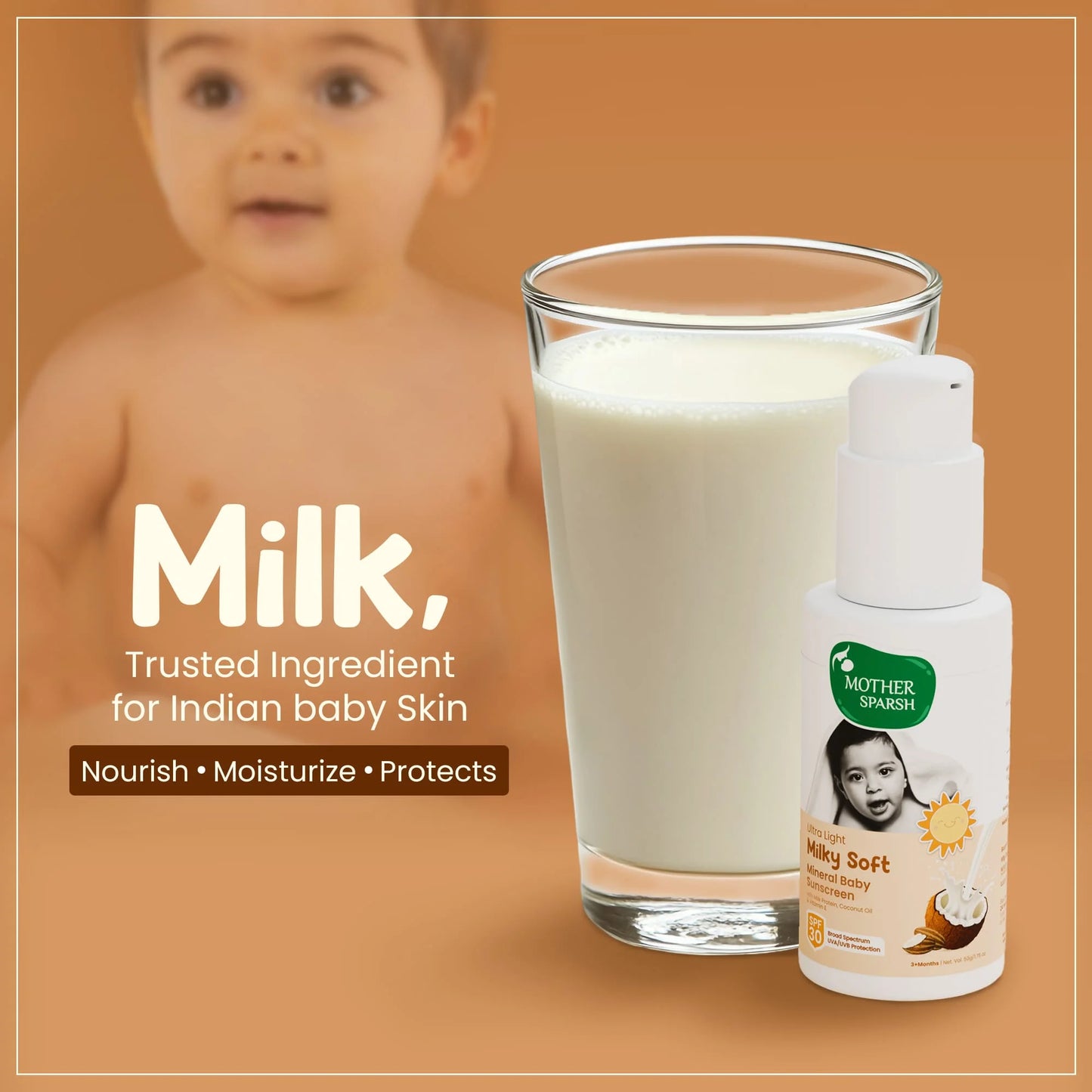 Sunscreen with milky ingredients designed for delicate baby skin, offering lightweight sun protection.