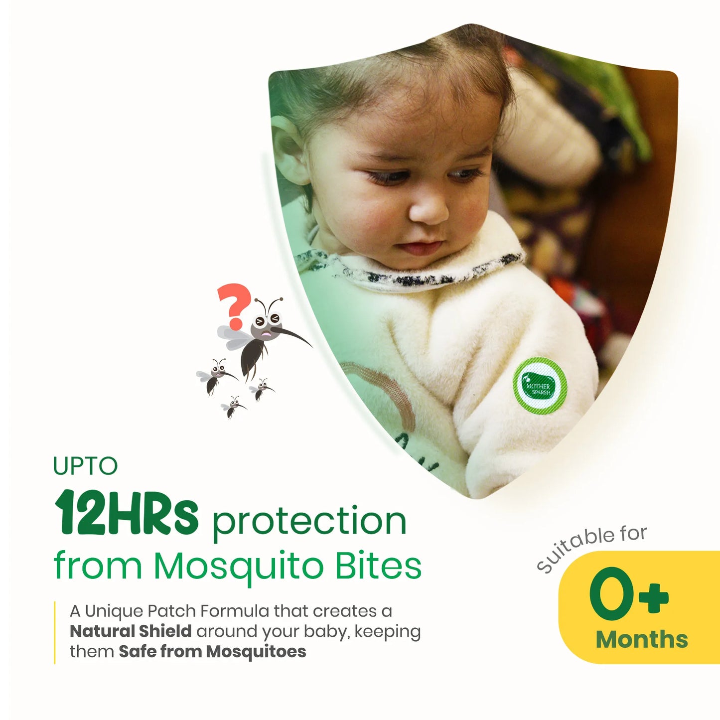 Mother Sparsh 100% natural, DEET-free mosquito repellent patches creating a protective shield around a baby, defending against Dengue, Malaria, and Chikungunya.