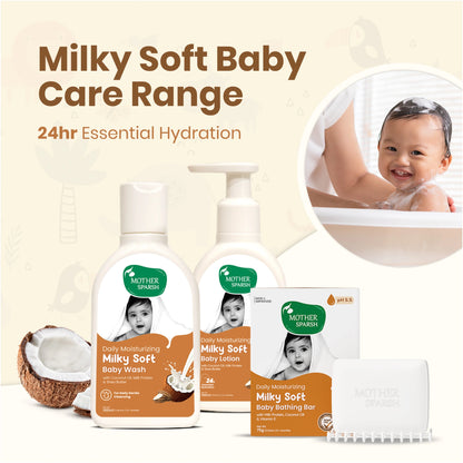 Mother Sparsh Milky Soft baby care range featuring baby wash, baby lotion and baby bathing bar with coconut oil and milk protein, shown with baby bath lifestyle visual.