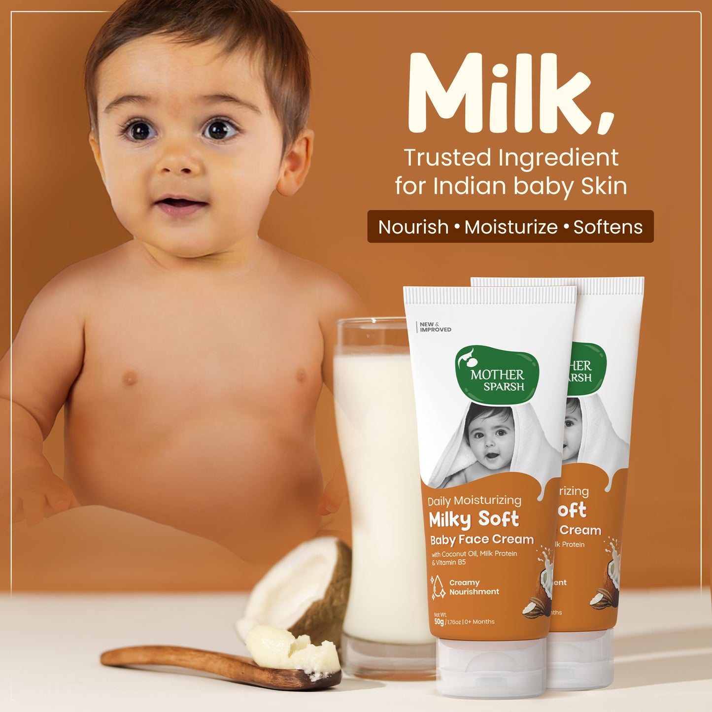 Mother Sparsh Milky Soft Baby Face Cream with Milk and Coconut Oil for Nourished Soft Baby Skin