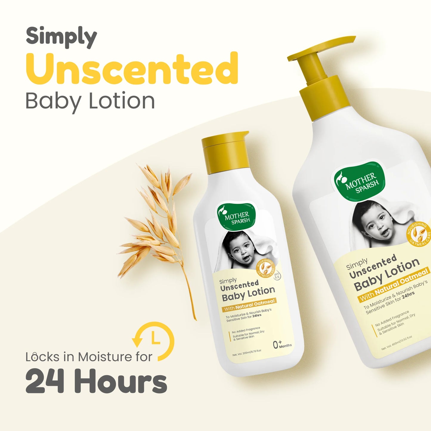 Unscented baby lotion providing 24 hours of hydration for sensitive skin.