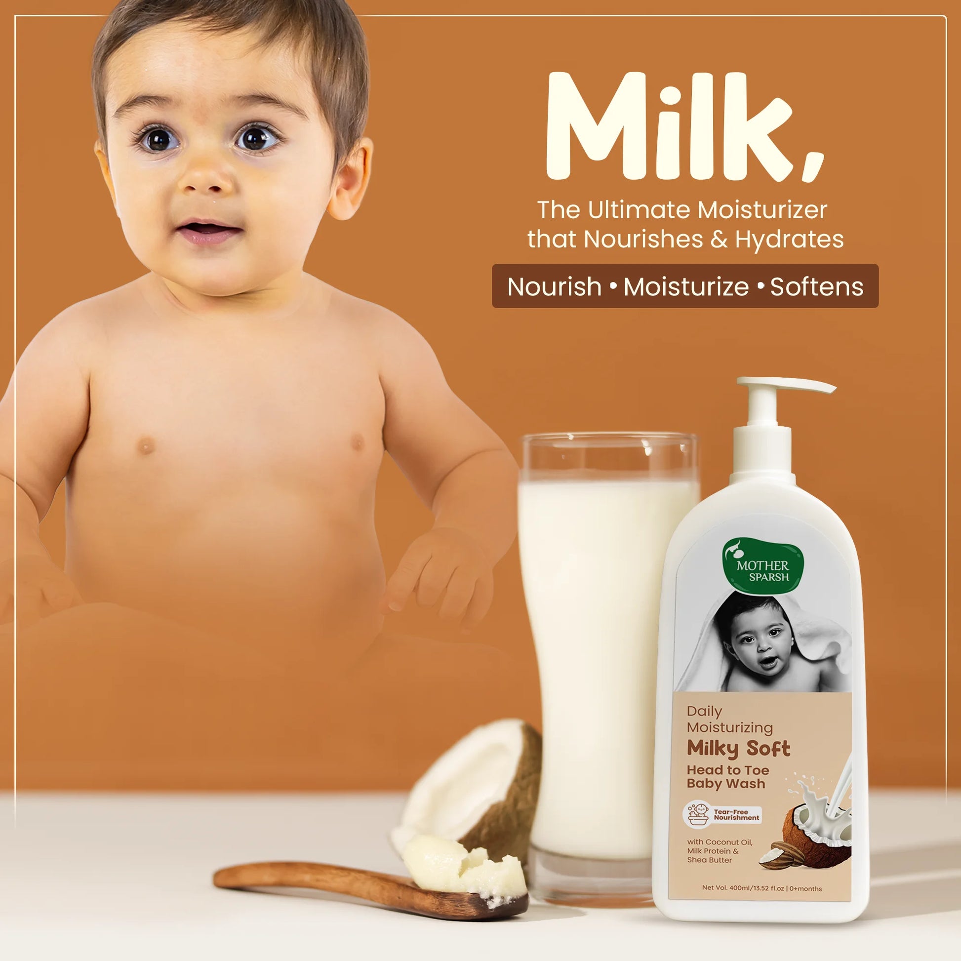 Mother Sparsh Head-to-Toe Baby Wash bottle with a glass of water, showcasing gentle and natural ingredients for baby care.