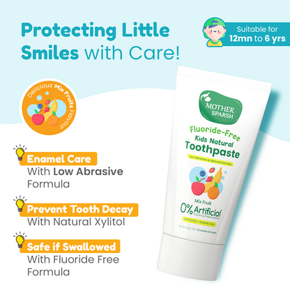 Mother Sparsh Fluoride-Free Kids Natural Toothpaste with Mix Fruit Flavor – Safe for Children Aged 12 Months to 6 Years, Prevents Tooth Decay, Enamel Care Formula, and Safe if Swallowed