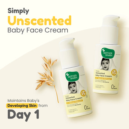 Two bottles of Mother Sparsh Simply Unscented Baby Face Cream with a sprig of Natural Oatmeal, emphasizing protection for a baby's developing skin from Day 1.