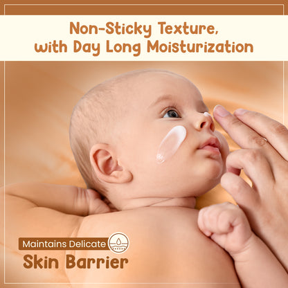 Mother applying baby moisturizer for soft skin protection and non-sticky hydration