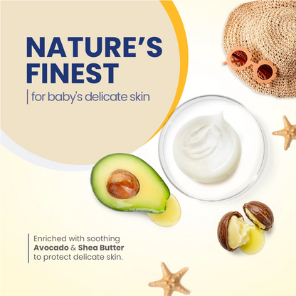 Mother applying sunscreen to her child on the beach highlighting water-resistant baby sunscreen protecting against UVA and UVB rays.