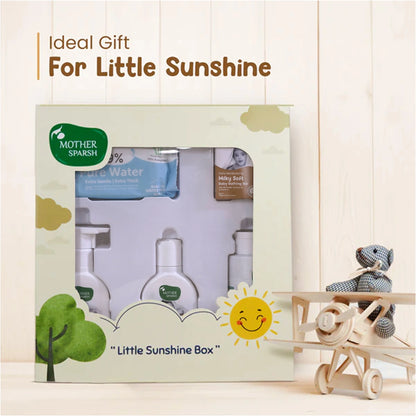 Mother Sparsh Premium Newborn Baby Gift Box lifestyle image showing Little Sunshine Box with baby care products visible, styled as an ideal gift for newborn babies.