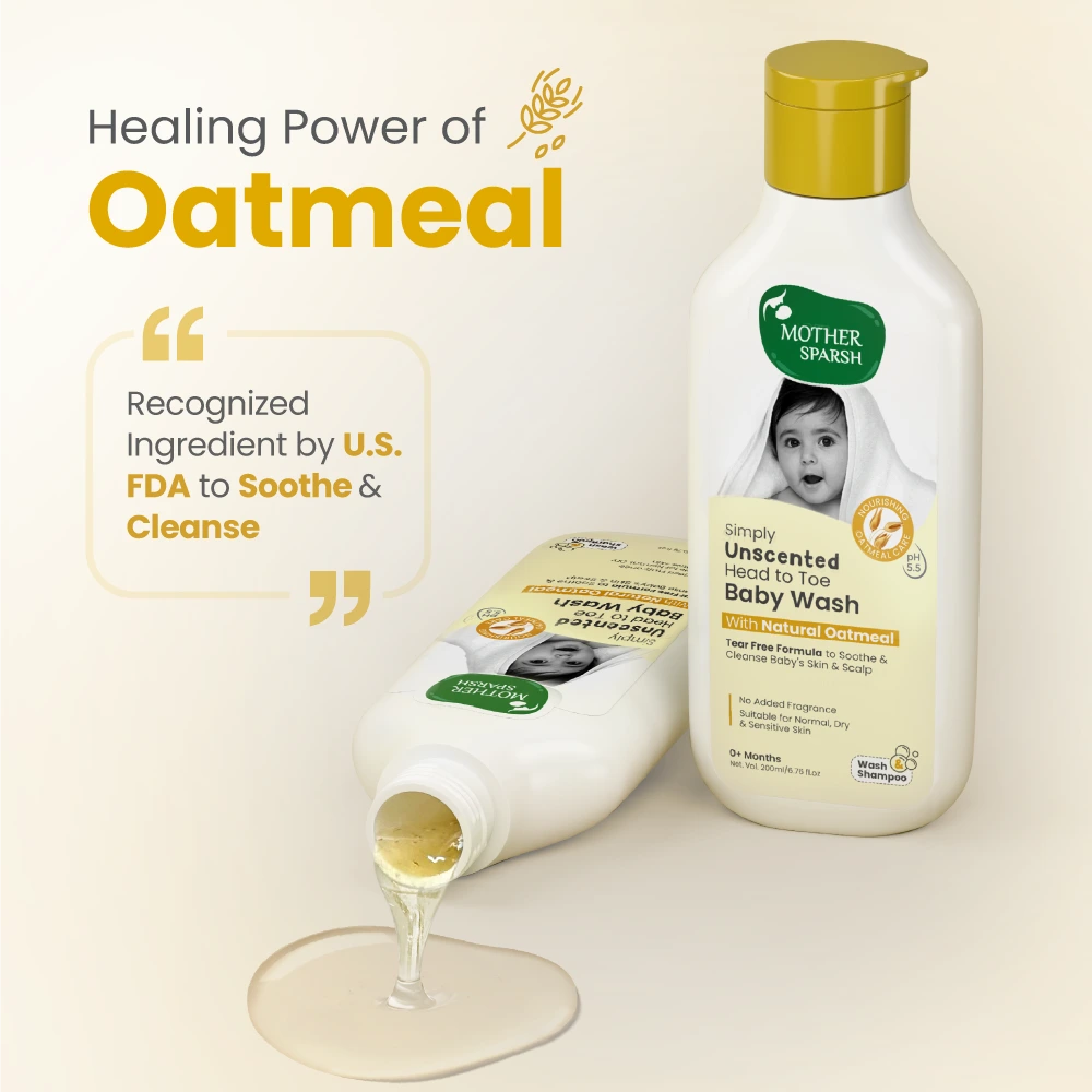 Mother Sparsh Unscented Baby Wash with natural oatmeal showing healing and soothing properties for delicate baby skin.