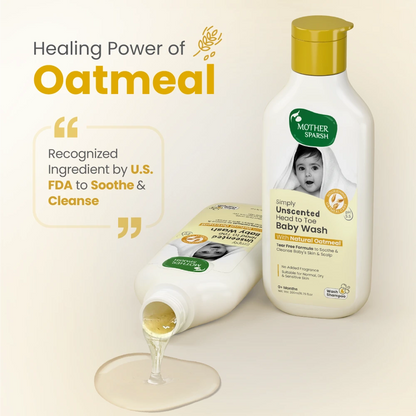 Mother Sparsh Unscented Baby Wash with natural oatmeal showing healing and soothing properties for delicate baby skin.