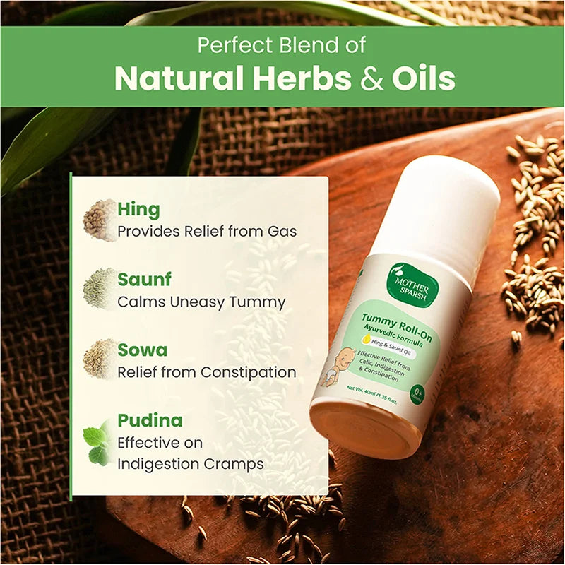 Natural herbs and oils including Hing, Saunf, Sowa, and Pudina for baby gas and constipation relief.
