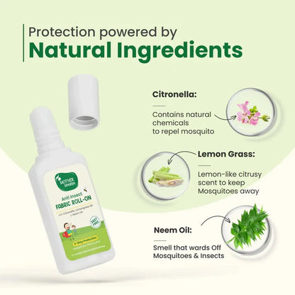 Natural ingredients list for Mother Sparsh insect repellent featuring Citronella, Lemongrass, and Neem Oil.