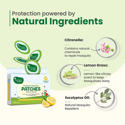 Infographic detailing the natural ingredients in Mother Sparsh mosquito repellent patches: Citronella, Lemon Grass, and Eucalyptus Oil, which provide chemical-free mosquito protection.