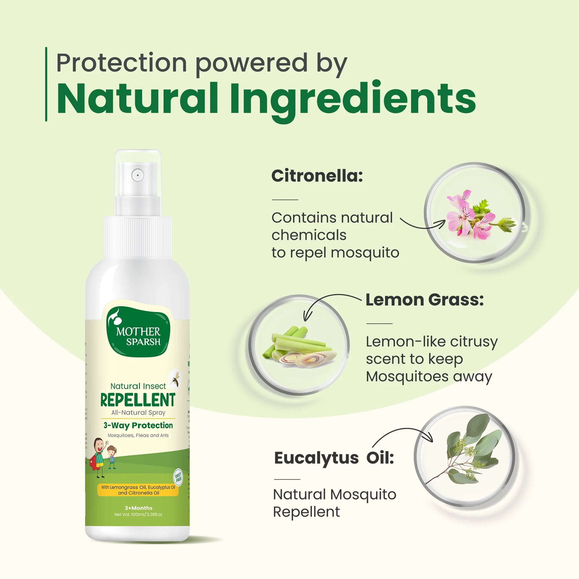 Repellent spray with natural ingredients like citronella, lemongrass, and eucalyptus oil A plant-based mosquito repellent spray infused with citronella, lemongrass, and eucalyptus oil for effective defense.