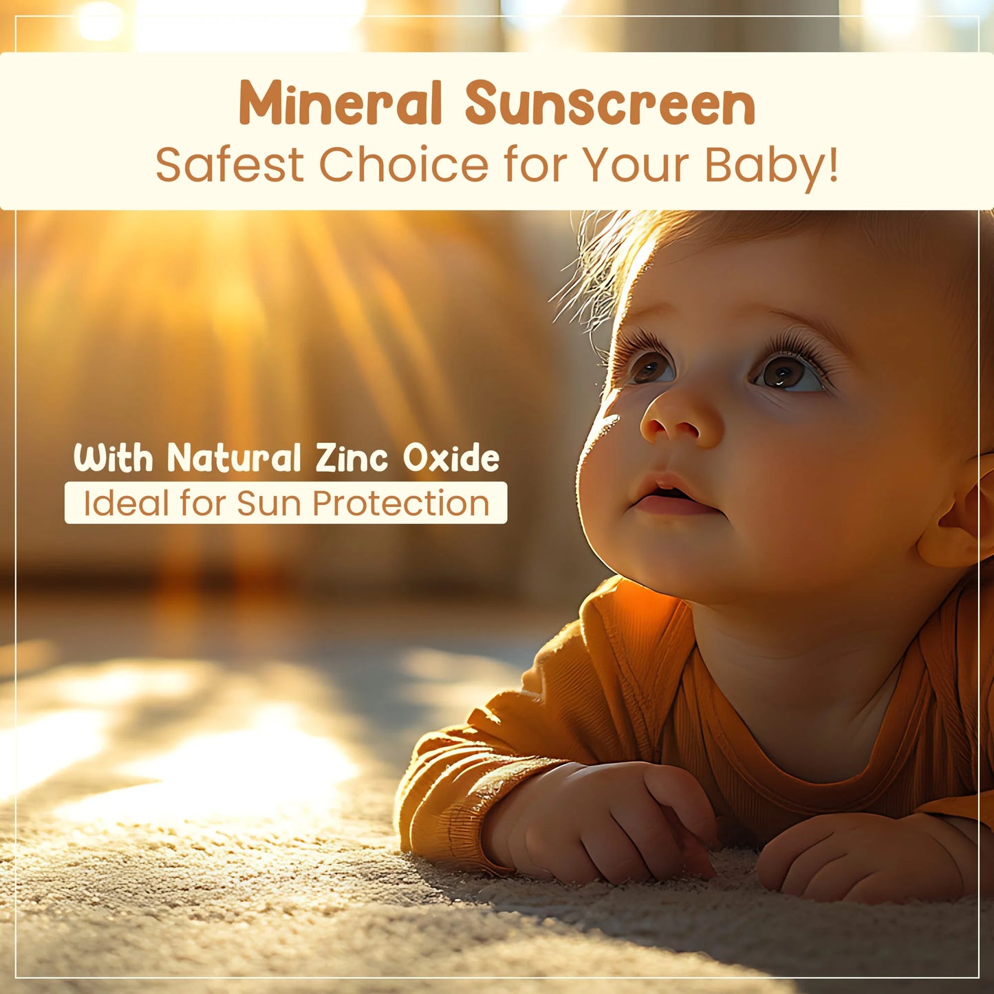 Baby sunscreen formulated with natural zinc oxide for effective UV protection.