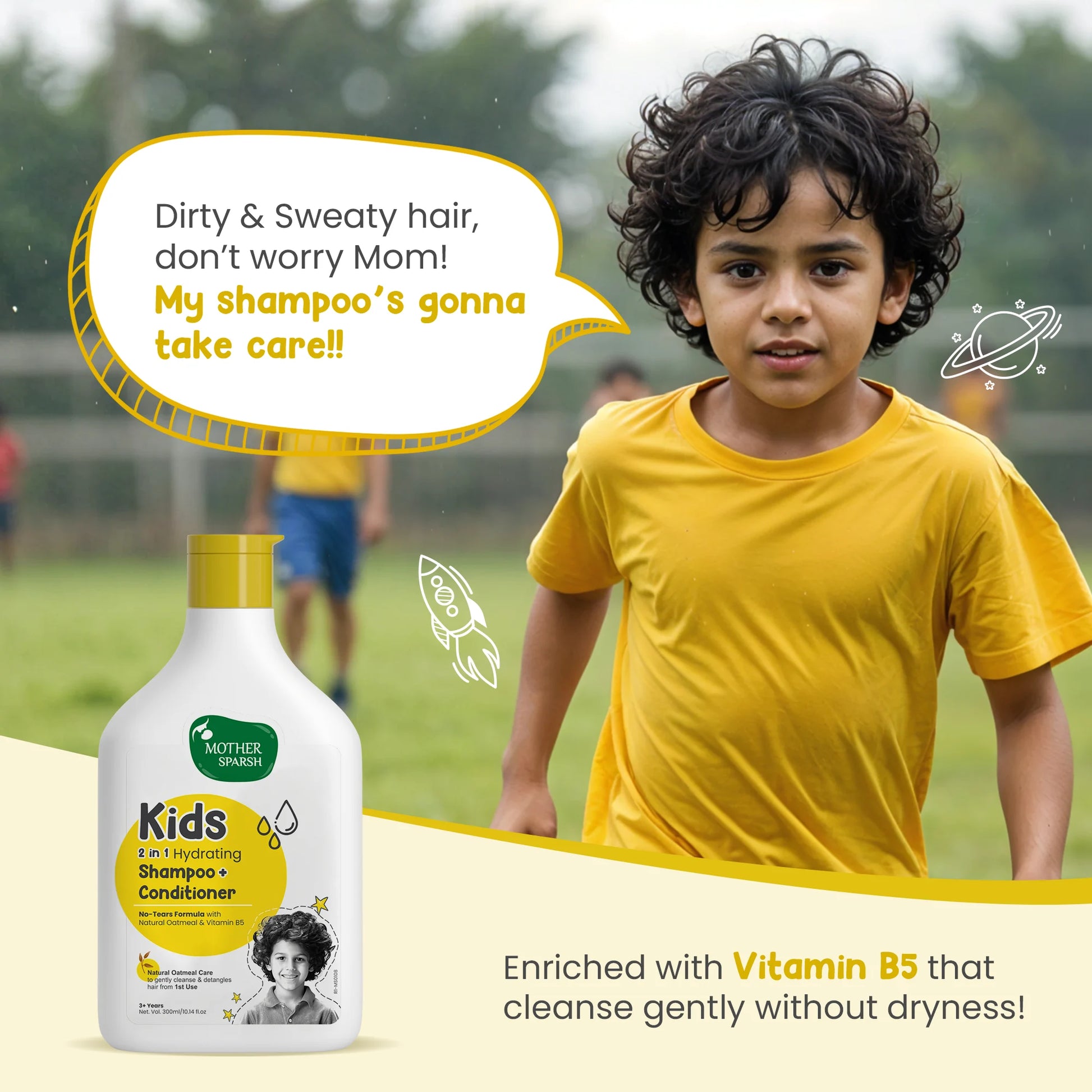 Young boy in a yellow shirt playing outside with Vitamin B5 shampoo bottle overlay.
