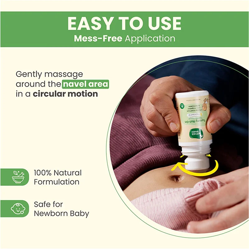 How to use Mother Sparsh Tummy Roll On by massaging the baby's navel in a circular motion.