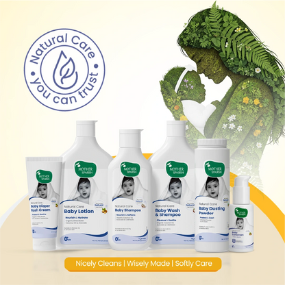 Mother Sparsh Natural Care baby products range displayed together including lotion, shampoo, wash, powder, and sunscreen.