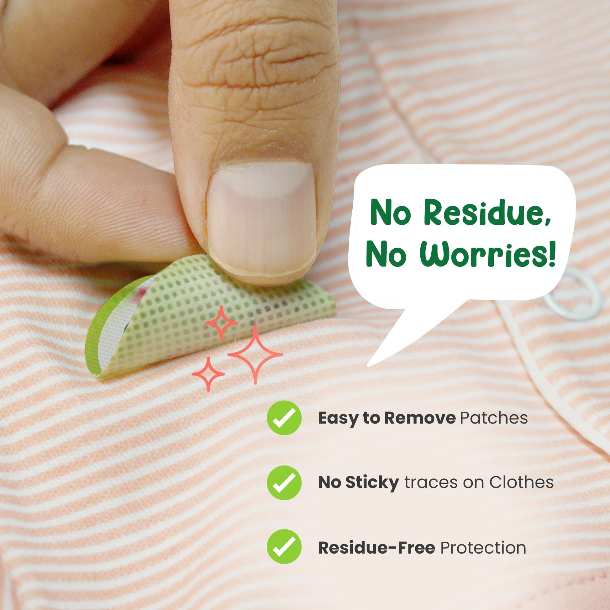 Close-up image showing the easy application of Mother Sparsh mosquito repellent patch on clothing with the key feature: No sticky traces or residue left behind.