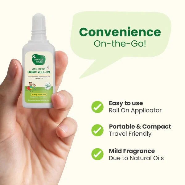 Mother Sparsh Anti Insect Roll-On held in hand highlighting ease of use, portability, and mild natural fragrance.