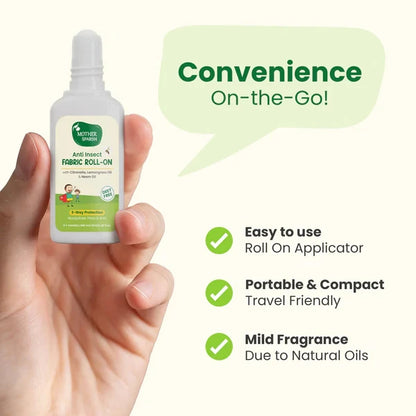Mother Sparsh Anti Insect Roll-On held in hand highlighting ease of use, portability, and mild natural fragrance.