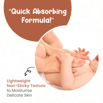 Graphic of baby massage oil ingredients: Almond Oil for nourishment, Olive Oil to soothe and moisturise, and Sesame Oil to strengthen bones and muscles.