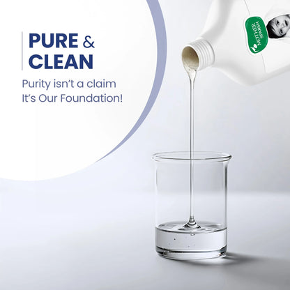 Pouring natural baby shampoo showcasing clear, pure and gentle liquid formula